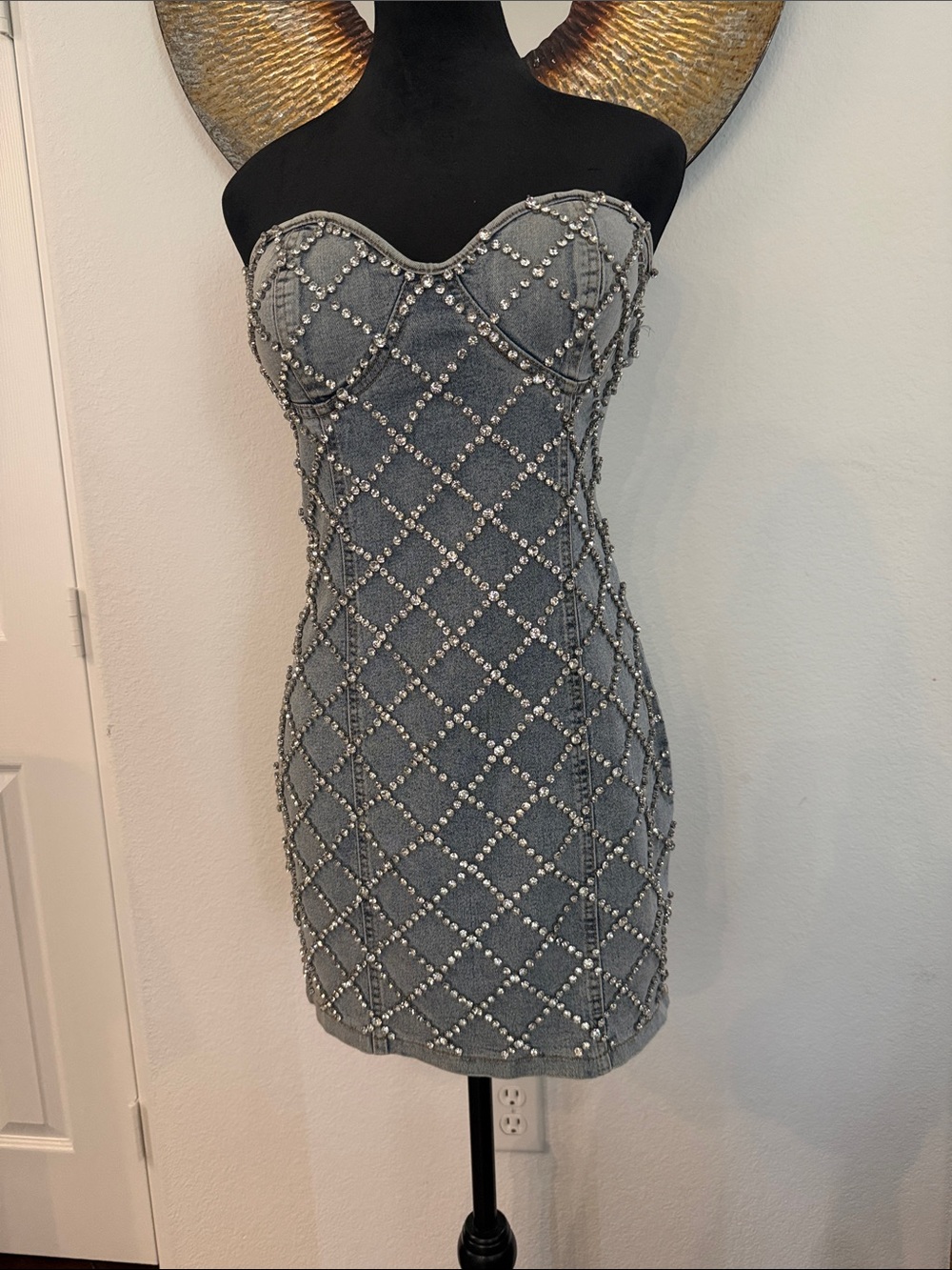 Strapless Denim Rhinestone Bodycon Dress